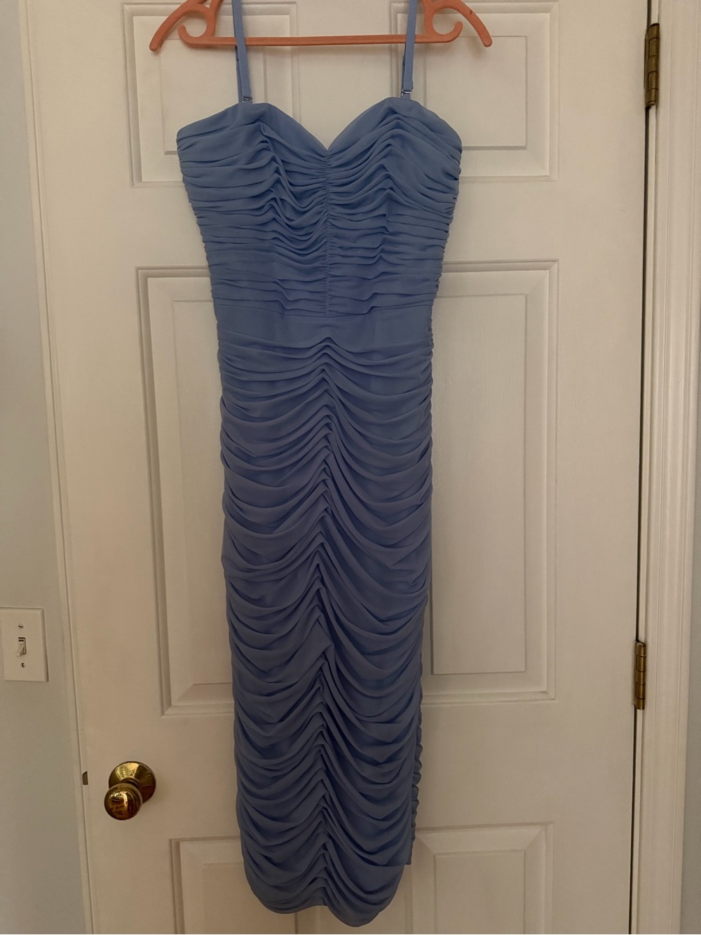 Dress the Population Lavender Ruched Midi Dress with Spaghetti Straps